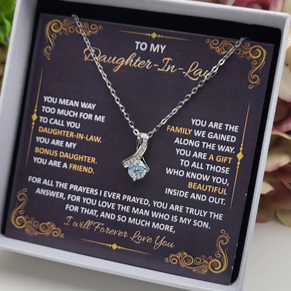 Silver ribbon pendant necklace rhinestones CZ center Gift Box Included Daughter